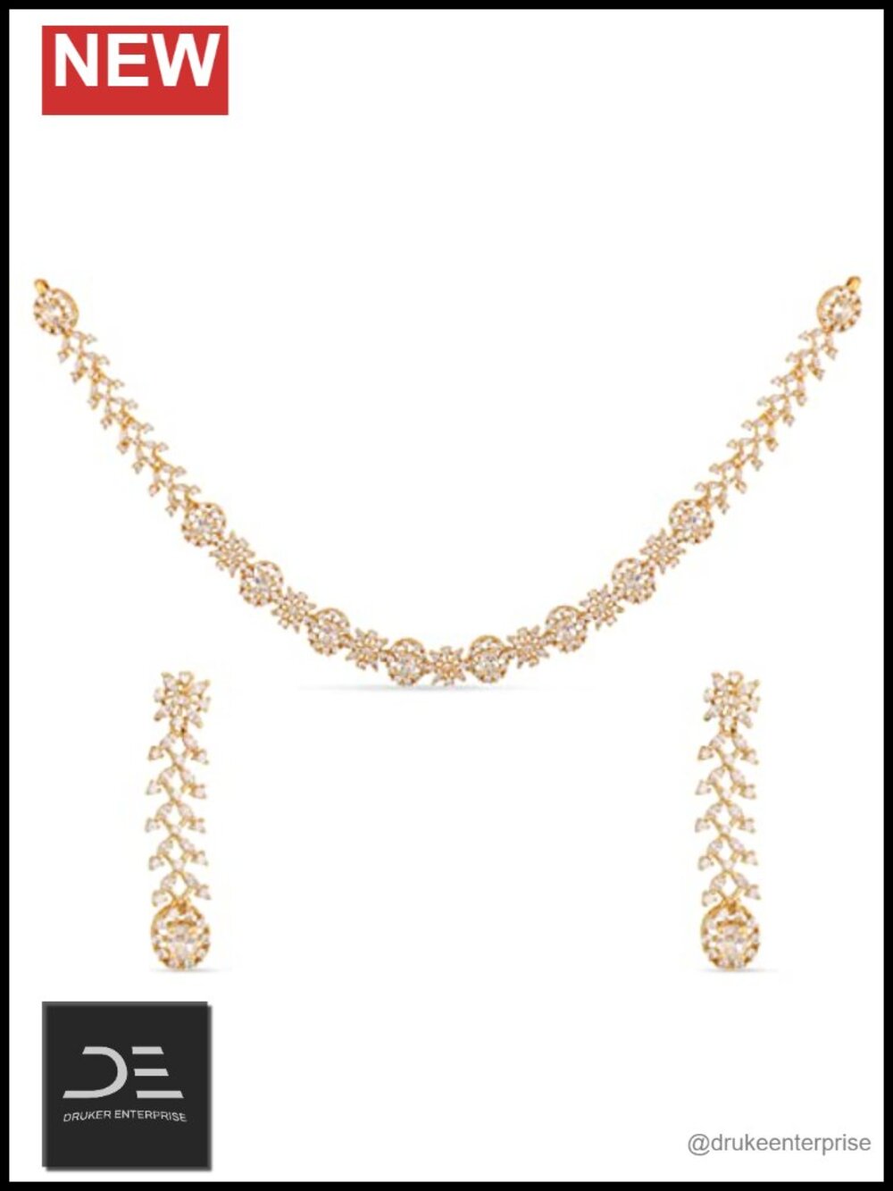Gold-Plated Brass Floral Cubic Zirconia Necklace & Earring Set